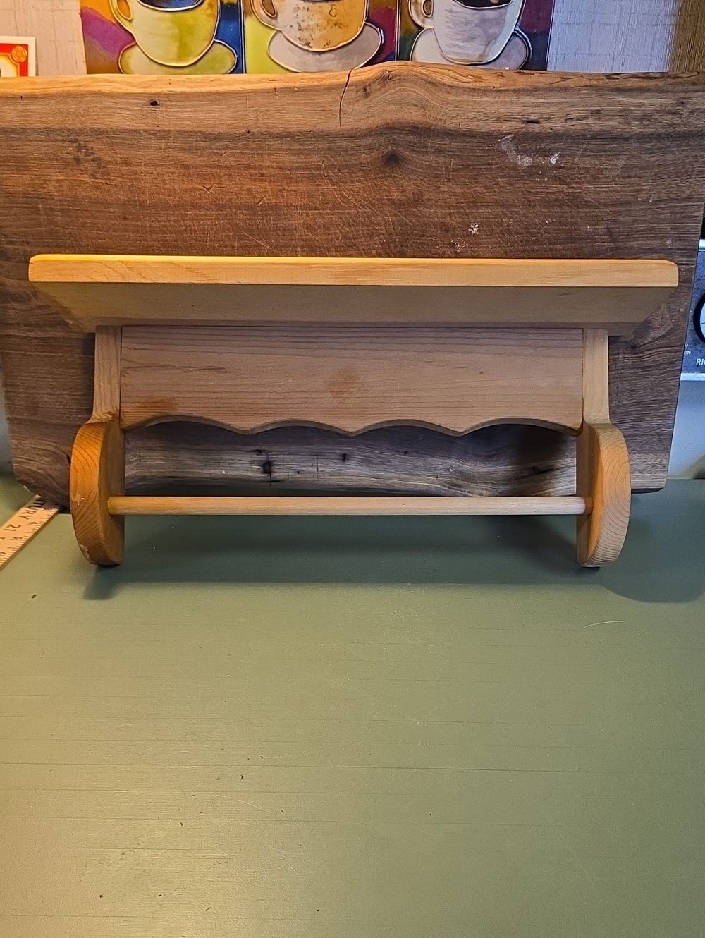 Handmade Natural Wood Wall Shelf with Towel Rod - Light Wood